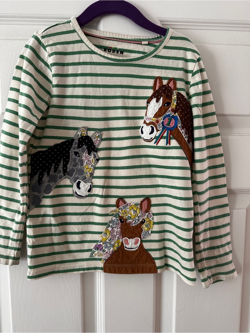 Mini Boden Green & Cream Striped Long-Sleeve Top with Horse Appliqués